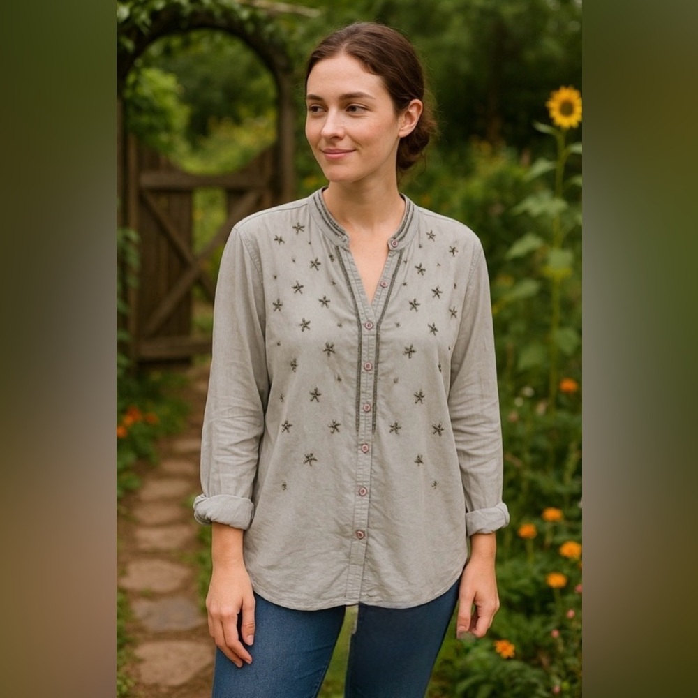 Johnny Was Pete & Greta 100% Cotton Gray Bead Crystal Button Down Top Size S